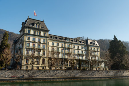 Thun, Switzerland, February 13, 2023 Building of the hotel Thunerhof at the water promenade in the city centerのeditorial素材