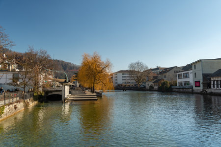 Thun, Switzerland, February 13, 2023 Waterfront along the Aare river in the city centerのeditorial素材