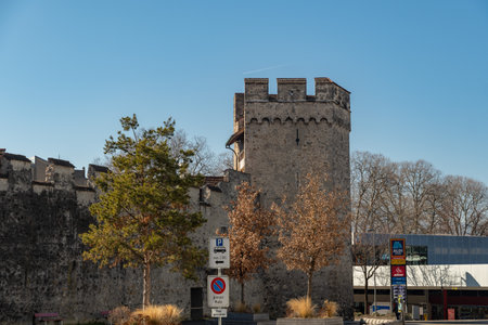 Thun, Switzerland, February 13, 2023 Historic old city wall wirh a tower in the centerのeditorial素材