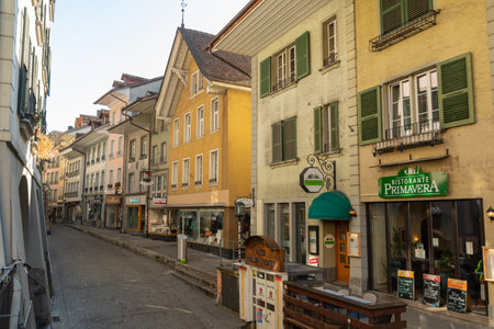 Thun, Switzerland, February 13, 2023 Historic buildings and architecture in the old town in the city centerのeditorial素材