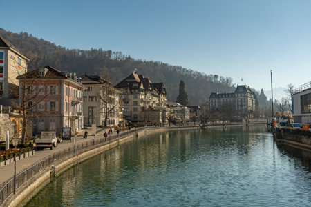 Thun, Switzerland, February 13, 2023 Waterfront along the Aare river in the city center