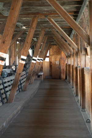Thun, Switzerland, February 13, 2023 Historic old wooden bridge and pedestrian way in the city centerのeditorial素材
