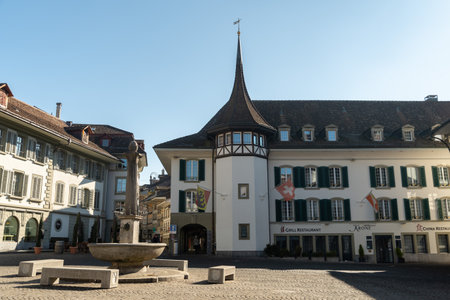 Thun, Switzerland, February 13, 2023 Historic buildings and architecture in the old town in the city centerのeditorial素材