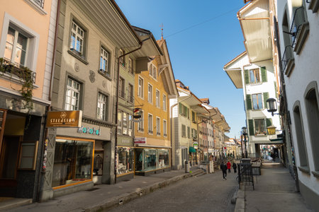 Thun, Switzerland, February 13, 2023 Historic buildings and architecture in the old town in the city centerのeditorial素材