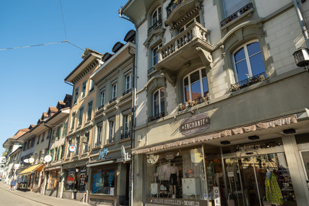 Thun, Switzerland, February 13, 2023 Historic buildings and architecture in the old town in the city...