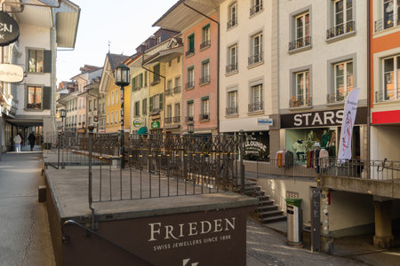 Thun, Switzerland, February 13, 2023 Historic buildings and architecture in the old town in the city centerのeditorial素材