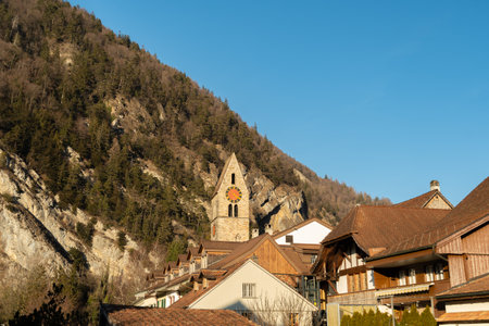 Interlaken, Switzerland, February 10, 2023 Tower of the historic reformed church in the old townの写真素材