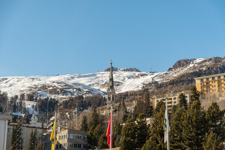 Saint Moritz, Switzerland, February 21, 2023 Panoramic view over the city center with a fantastic alpine sceneryの写真素材