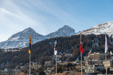 Saint Moritz, Switzerland, February 21, 2023 Panoramic view over the city center with a fantastic alpine sceneryの写真素材