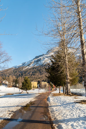 Saint Moritz, Switzerland, February 21, 2023 Winter wonderland at the coast of the frozen lake on a sunny dayの写真素材