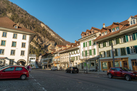 Interlaken, Switzerland, February 10, 2023 Historic old town with traditional buildings on a sunny dayのeditorial素材