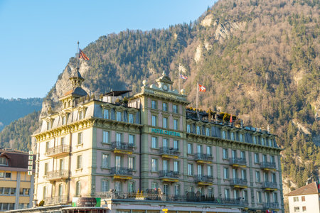 Interlaken, Switzerland, February 10, 2023 Building of the Hotel Central in the city centerのeditorial素材