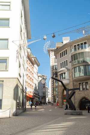 Saint Moritz, Switzerland, February 21, 2023 Modern buildings and scenery from the city center on a sunny dayのeditorial素材