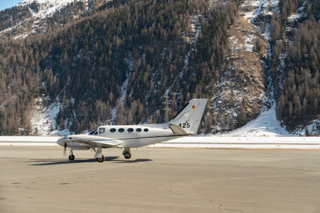 Samedan, Switzerland, February 21, 2023 Cessna 425 Conquest multi engine propeller aircraft is...