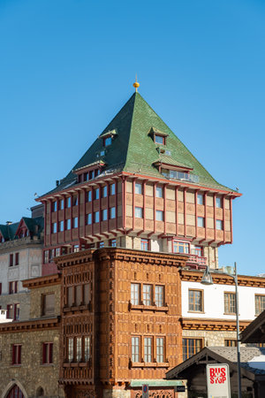 Saint Moritz, Switzerland, February 21, 2023 Building of the popular Badrutts palace hotel in the city centerのeditorial素材