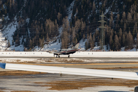Samedan, Switzerland, February 21, 2023 Socata TBM-850 propeller aircraft is taxiing to its positionのeditorial素材