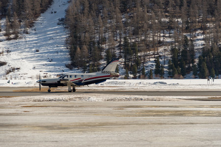 Samedan, Switzerland, February 21, 2023 Socata TBM-850 propeller aircraft is taxiing to its positionのeditorial素材