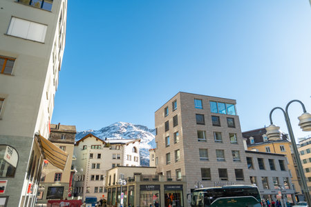 Saint Moritz, Switzerland, February 21, 2023 Modern buildings and scenery from the city center on a sunny dayのeditorial素材