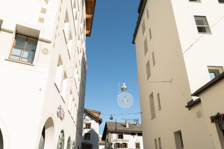 Saint Moritz, Switzerland, February 21, 2023 Modern buildings and scenery from the city center on a sunny dayのeditorial素材