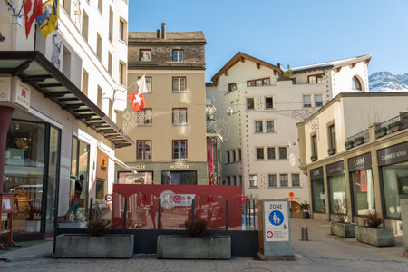 Saint Moritz, Switzerland, February 21, 2023 Modern buildings and scenery from the city center on a sunny dayのeditorial素材