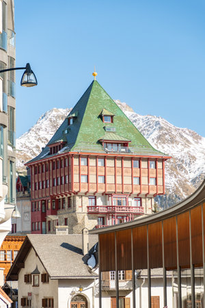 Saint Moritz, Switzerland, February 21, 2023 Building of the popular Badrutts palace hotel in the city centerのeditorial素材