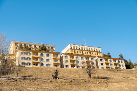 Saint Moritz, Switzerland, February 21, 2023 Building of the hotel Kulm in the city centerのeditorial素材
