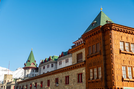 Saint Moritz, Switzerland, February 21, 2023 Building of the popular Badrutts palace hotel in the city centerのeditorial素材