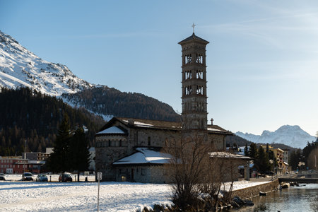 Saint Moritz, Switzerland, February 21, 2023 Historic old Saint Karl Borromaeus catholic church on a sunny dayのeditorial素材