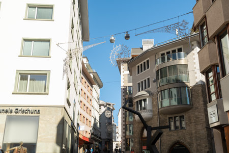 Saint Moritz, Switzerland, February 21, 2023 Modern buildings and scenery from the city center on a sunny dayのeditorial素材