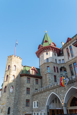 Saint Moritz, Switzerland, February 21, 2023 Building of the popular Badrutts palace hotel in the city centerのeditorial素材
