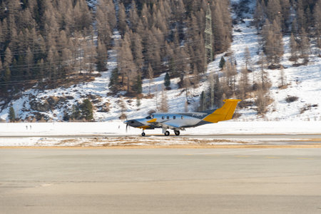 Samedan, Switzerland, February 21, 2023 Pilatus PC-12 NGX propeller aircraft on the apronのeditorial素材