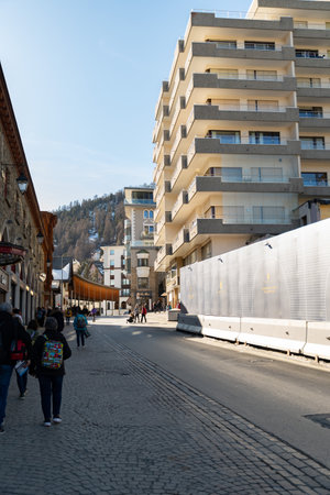 Saint Moritz, Switzerland, February 21, 2023 Modern buildings and scenery from the city center on a sunny dayのeditorial素材