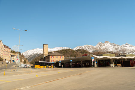 Saint Moritz, Switzerland, February 21, 2023 Train station building in the city centerのeditorial素材