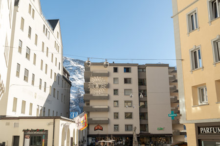 Saint Moritz, Switzerland, February 21, 2023 Modern buildings and scenery from the city center on a sunny dayのeditorial素材