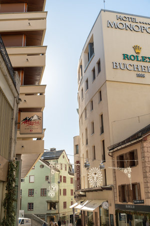 Saint Moritz, Switzerland, February 21, 2023 Modern buildings and scenery from the city center on a sunny dayのeditorial素材