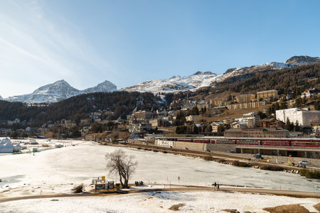 Saint Moritz, Switzerland, February 21, 2023 Panoramic view over the city center with a fantastic alpine sceneryのeditorial素材