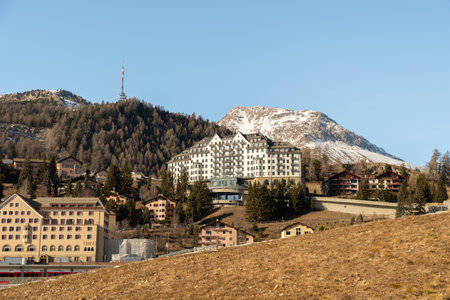 Saint Moritz, Switzerland, February 21, 2023 Panoramic view over the city center with a fantastic alpine sceneryのeditorial素材