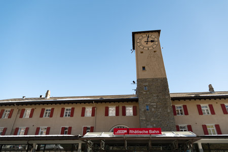 Saint Moritz, Switzerland, February 21, 2023 Train station building in the city centerのeditorial素材