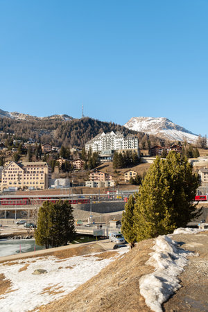 Saint Moritz, Switzerland, February 21, 2023 Panoramic view over the city center with a fantastic alpine sceneryのeditorial素材