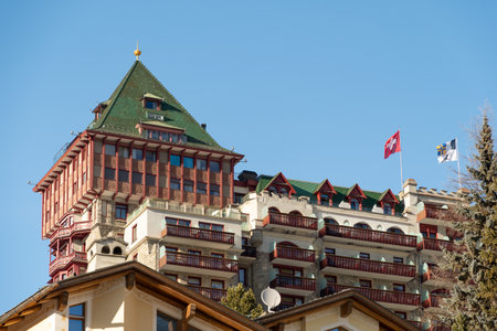 Saint Moritz, Switzerland, February 21, 2023 Building of the popular Badrutts palace hotel in the city centerのeditorial素材