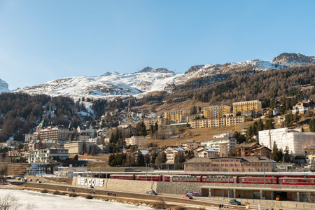 Saint Moritz, Switzerland, February 21, 2023 Panoramic view over the city center with a fantastic alpine sceneryのeditorial素材