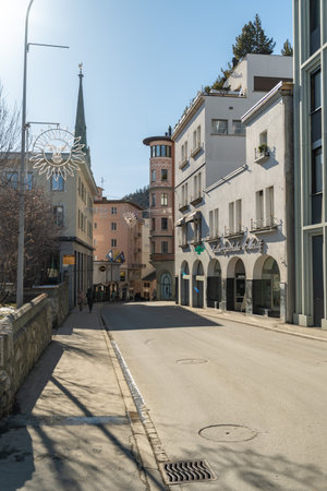 Saint Moritz, Switzerland, February 21, 2023 Modern buildings and scenery from the city center on a sunny dayのeditorial素材