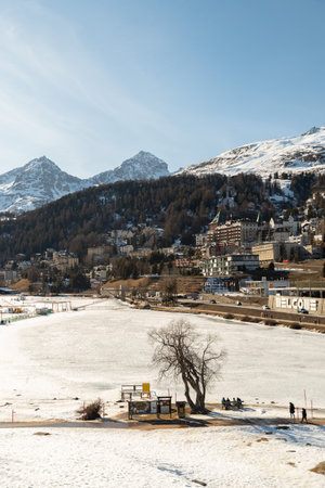 Saint Moritz, Switzerland, February 21, 2023 Panoramic view over the city center with a fantastic alpine sceneryのeditorial素材