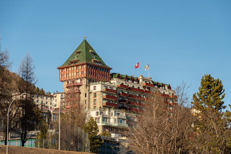 Saint Moritz, Switzerland, February 21, 2023 Building of the popular Badrutts palace hotel in the city centerのeditorial素材