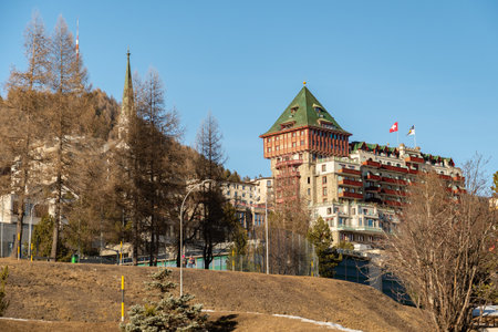 Saint Moritz, Switzerland, February 21, 2023 Building of the popular Badrutts palace hotel in the city centerのeditorial素材