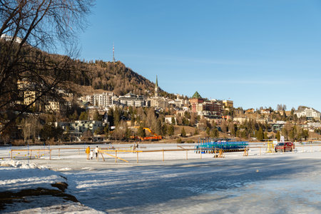 Saint Moritz, Switzerland, February 21, 2023 Frozen lake of Saint Moritz and a magnificent alpine panorama on a sunny dayのeditorial素材
