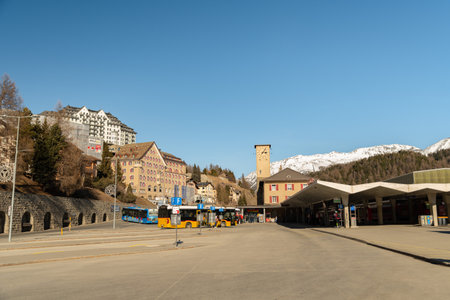 Saint Moritz, Switzerland, February 21, 2023 Train station building in the city centerのeditorial素材