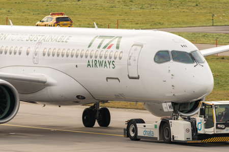 Zurich, Switzerland, January 2, 2023 ITA Airways Bombardier CS-300 or Airbus A220 aircraft is pushed...
