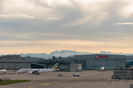 Zurich, Switzerland, January 2, 2023 Ethiopian Airbus A350-941 aircraft is parking on the apronのeditorial素材