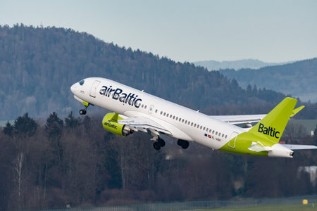 Zurich, Switzerland, January 2, 2023 Air Baltic Bombardier CS-300 or Airbus A220 aircraft takeoff...